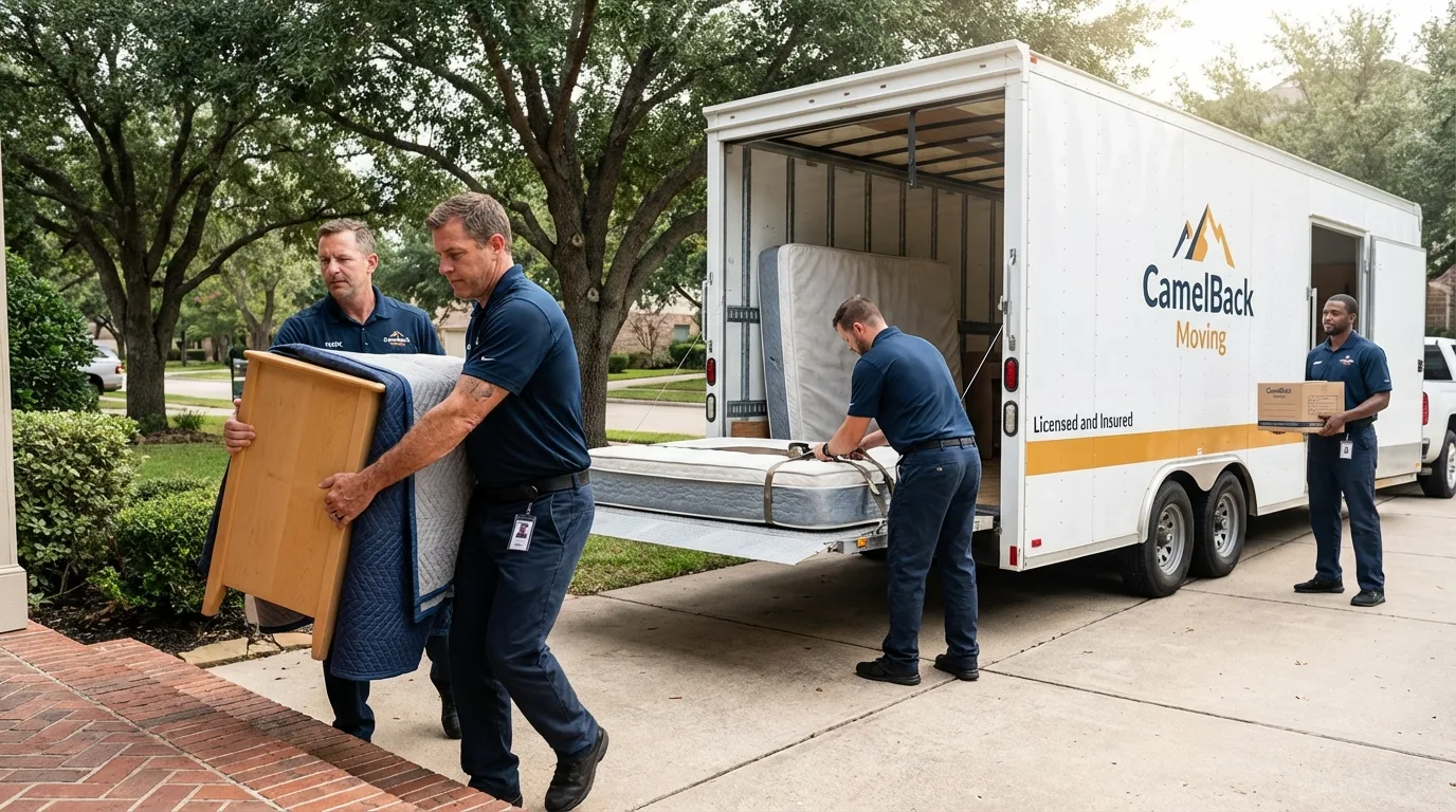 Crew loading residential truck for cross-state move from Madison, ME