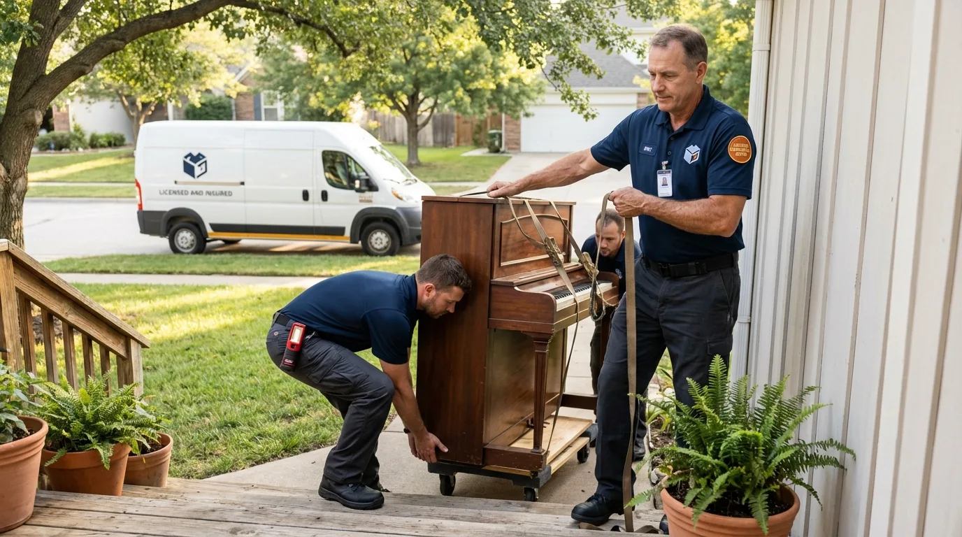 Licensed piano movers securing grand piano in Madison, ME