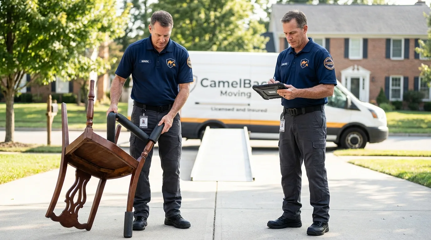 Movers inspecting furniture for damage prevention before loading in Madison, ME