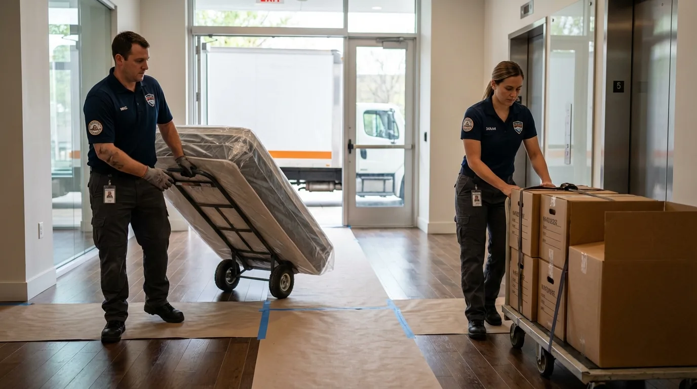 Professional apartment movers loading elevator in Madison, ME